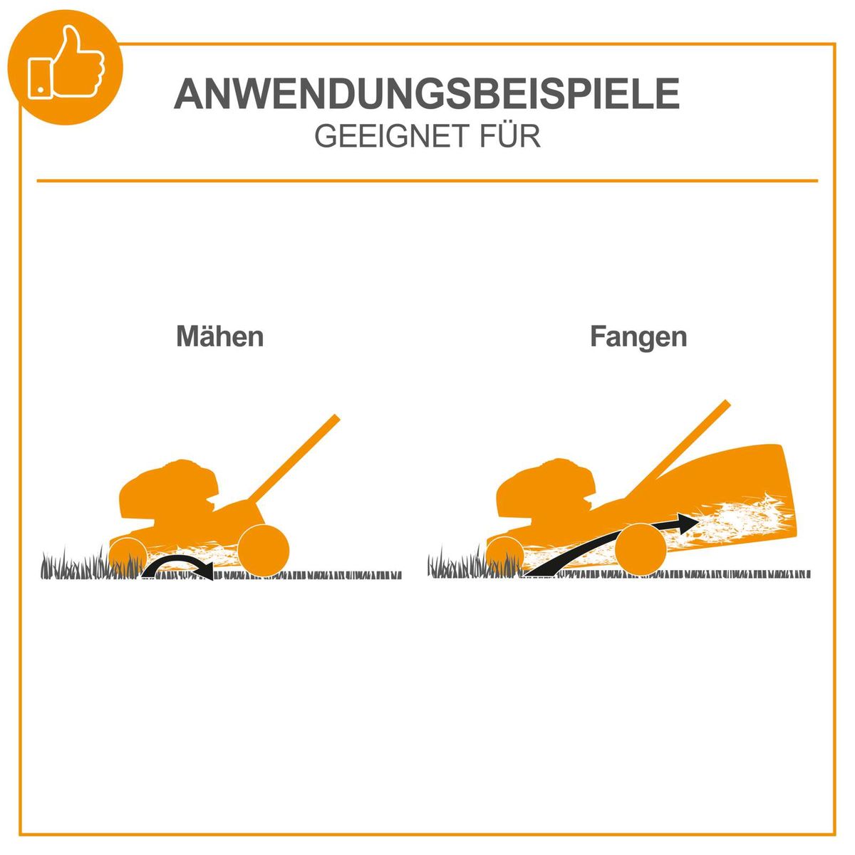 Mähfunktion und Fangfunktion eines Scheppach Rasenmähers mit Illustrationen der Arbeitsrichtungen