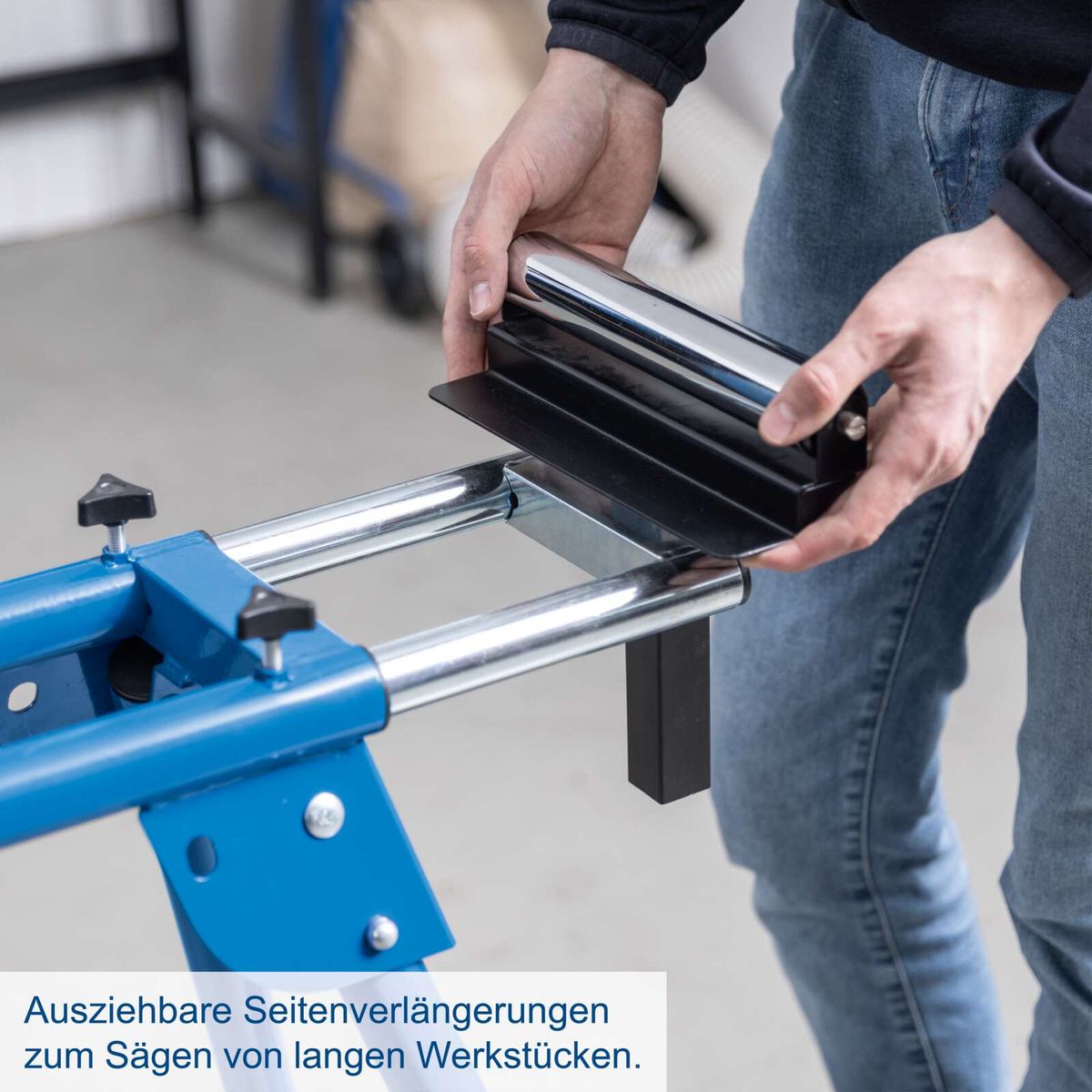 Ausziehbare Seitenverlängerungen für das Sägen langer Werkstücke auf dem Scheppach-Untergestell