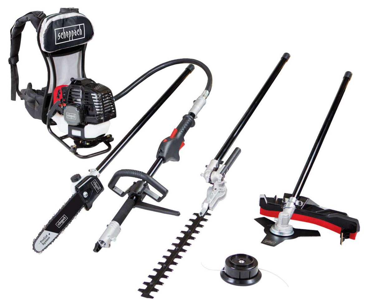 4in1 Multigartengerät MFH5300-4BP von Scheppach mit verschiedenen Aufsätzen, darunter eine Motorsäge, ein Freischneider, ein Trennschleifer und ein Rasenmäher. Das Gerät wird mit einem Rucksack getragen und hat einen Benzinmotor.