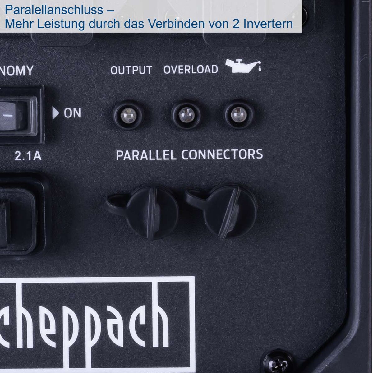 Der Inverter Stromerzeuger SG2600i von Scheppach bietet Parallelanschluss für mehr Leistung durch Verbinden von 2 Invertern. Er verfügt über Anzeigen für Output und Overload.
