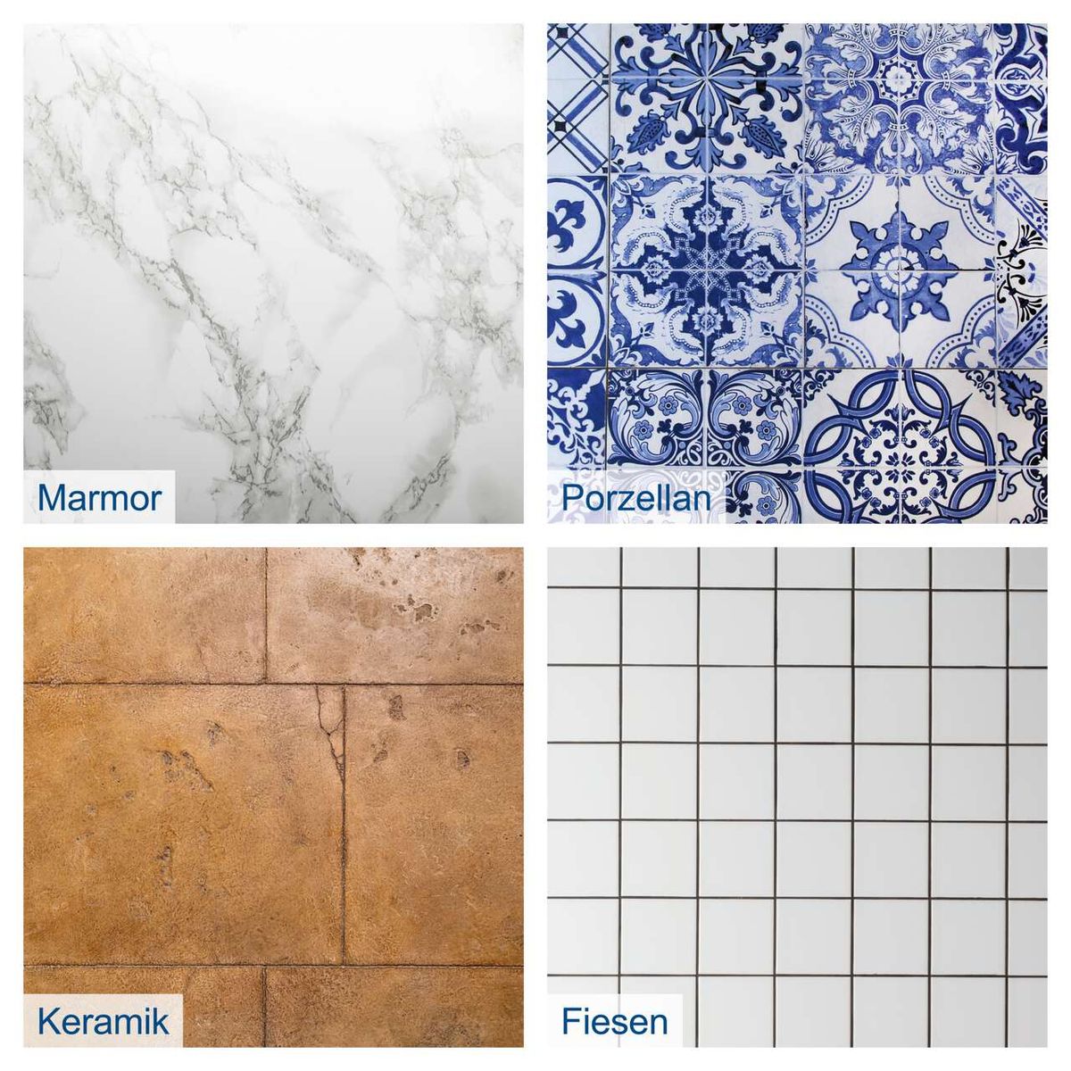 Materialbeispiele für Bodenbeläge: Marmor, Porzellanfliesen, Keramik und Fieselplatten