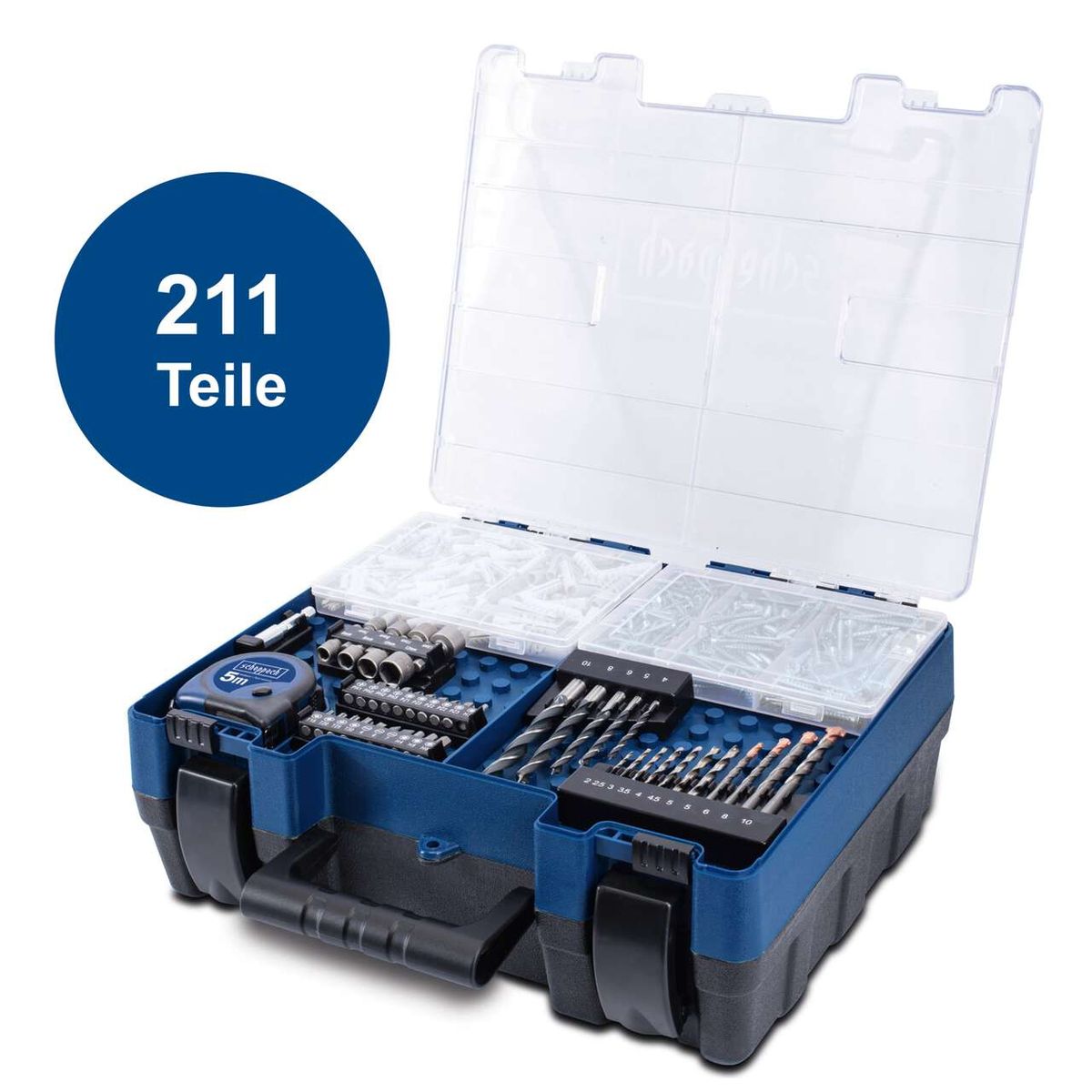 Der Schrauber DTB-20ProS von Scheppach mit Akku, Ladegerät und Zubehörset. Enthält 211 Teile, darunter verschiedene Bohrer und Bits. Ideal für präzises Arbeiten.