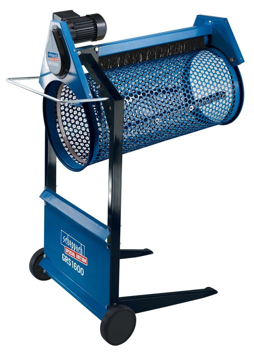 Rollsieb GRS1600 Scheppach Special Edition, seitliche Ansicht, blau und schwarz.