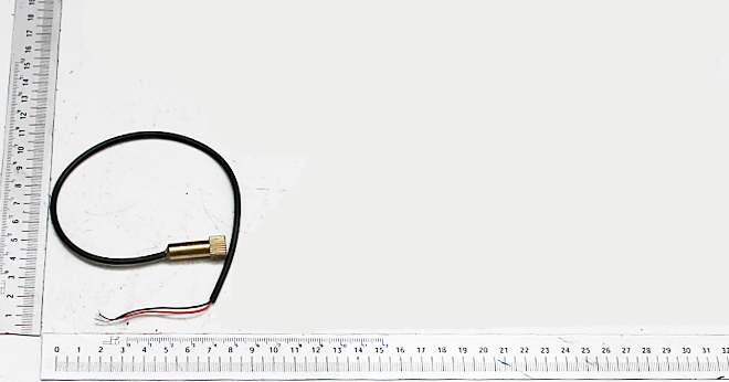 Ein schwarzes Kabel mit einem goldenen Stecker und zwei Drähten. Das Kabel liegt auf einem Lineal.