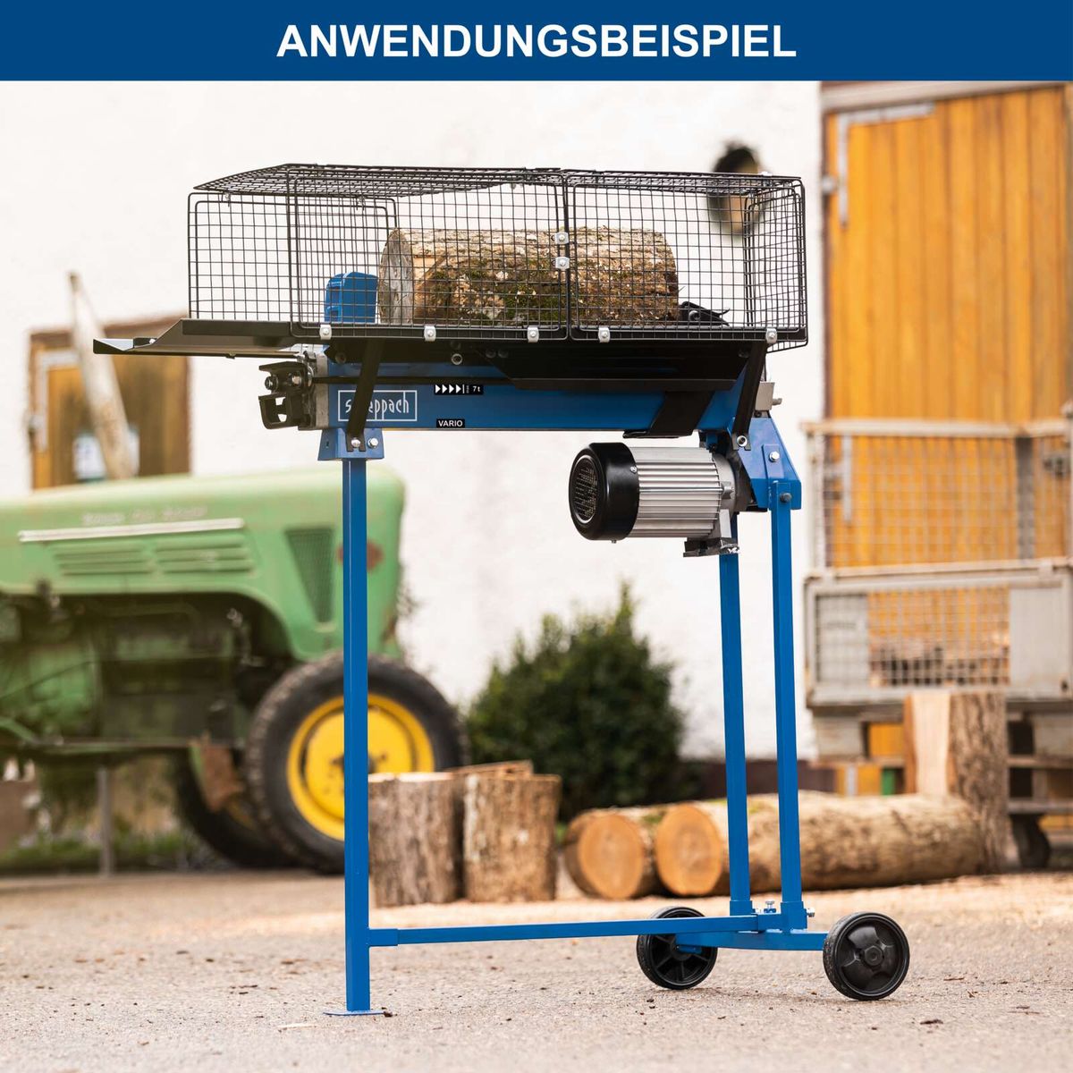 Scheppach-Maschine mit Transportwagen für Holzverarbeitungseinrichtung mit integriertem Käfig