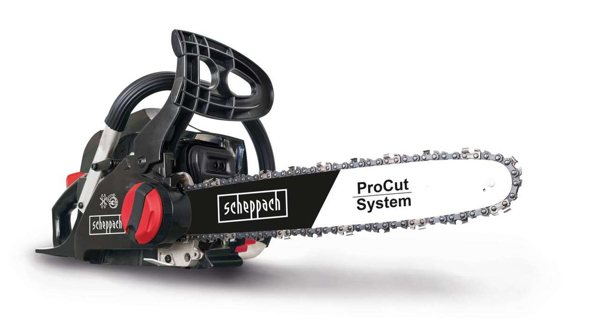 Benzin Kettensäge CSP41 Scheppach, seitlich von links gezeigt. ProCut-System, 40cm Schwertlänge.