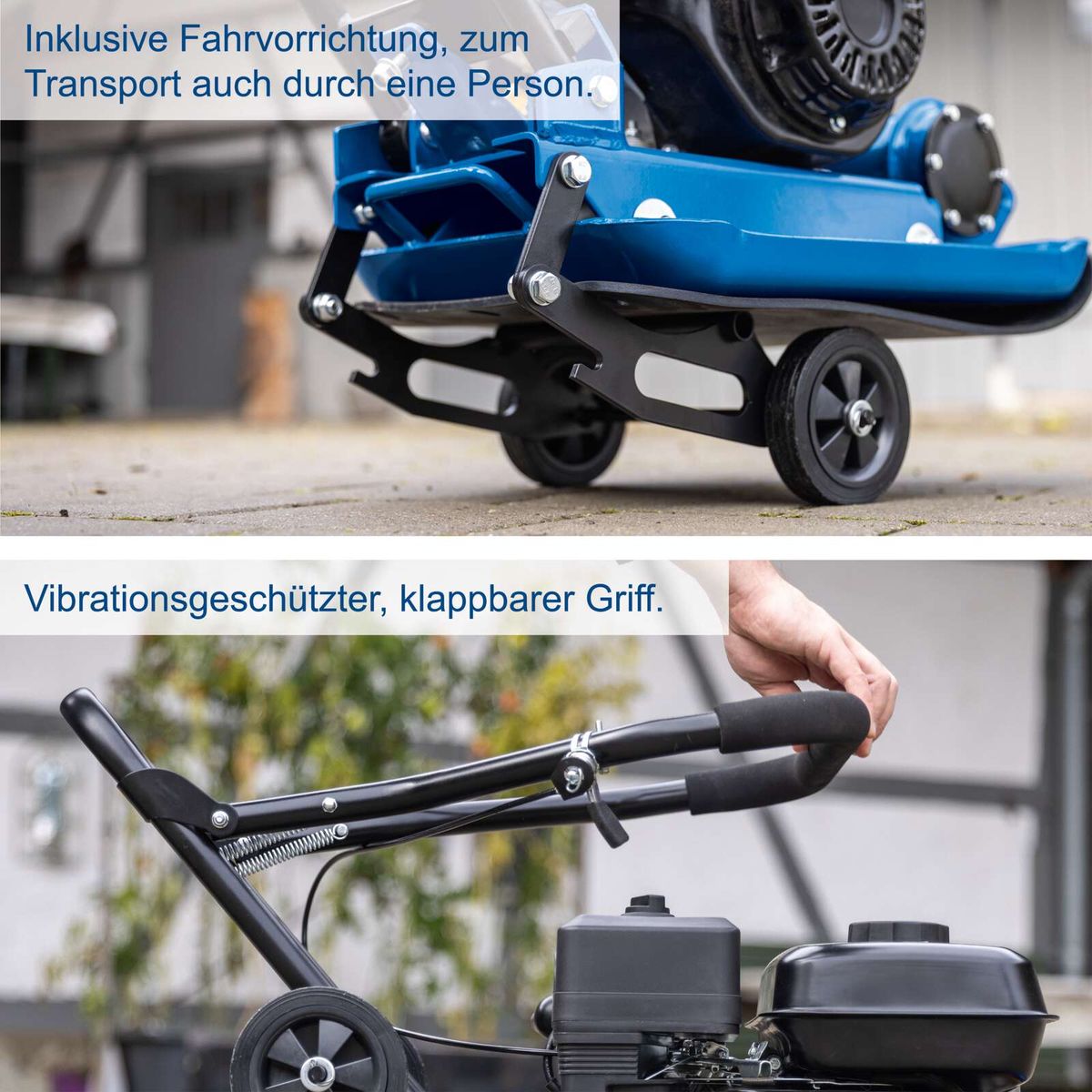 Die Rüttelplatte HP2300S von Scheppach bietet eine vibrationsgeschützte, klappbare Griffkonstruktion für einfachen Transport und Handling. Inklusive Fahrvorrichtung für einfache Bewegung durch eine Person.