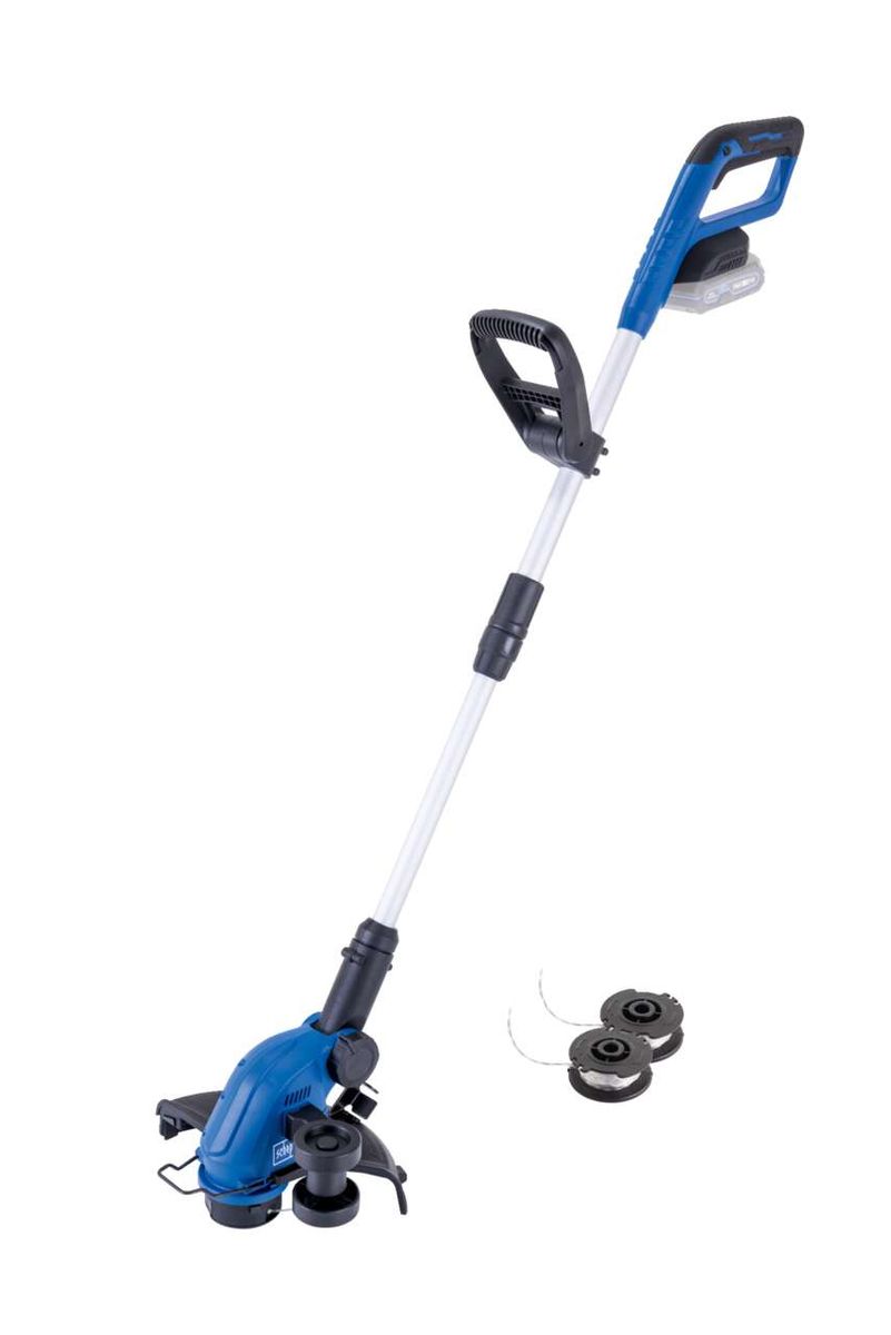 Akku-Rasentrimmer C-LT300-X Scheppach, Ansicht von links oben. Im Hintergrund Zubehörteile wie Spulen mit Schneidefäden.