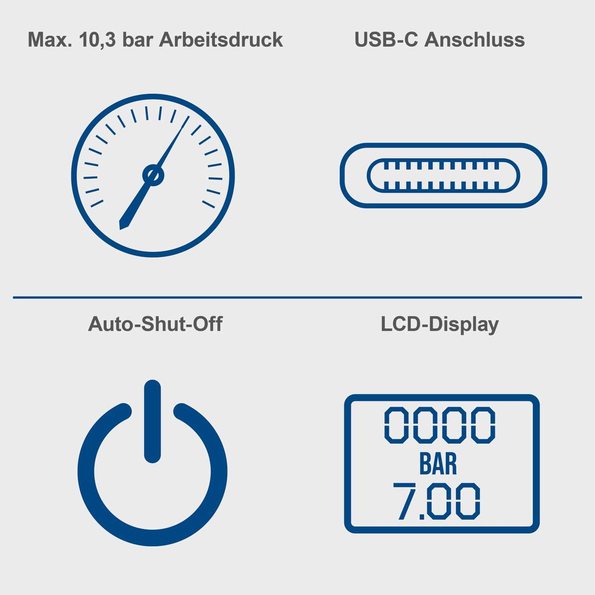 Der Akku-Handkompressor AC10/8V von Scheppach hat einen maximalen Arbeitsdruck von 10,3 bar, einen USB-C-Anschluss, eine Auto-Shut-Off-Funktion und ein LCD-Display.