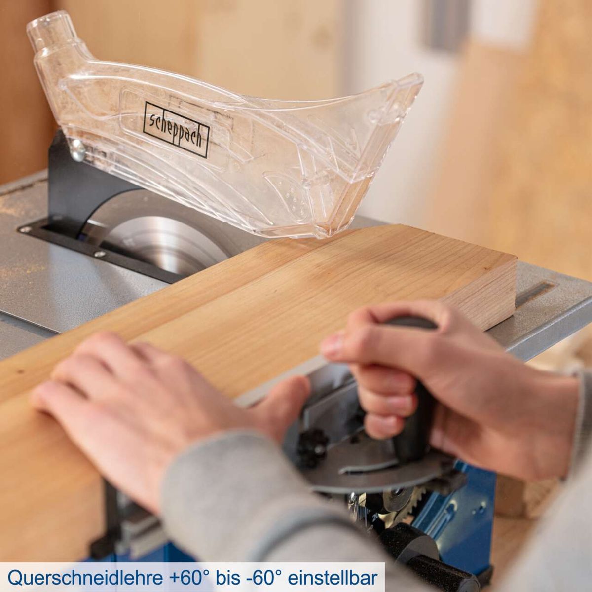 Tischkreissäge mit verstellbarer Querschnittschneidlehre zwischen +60° und -60°