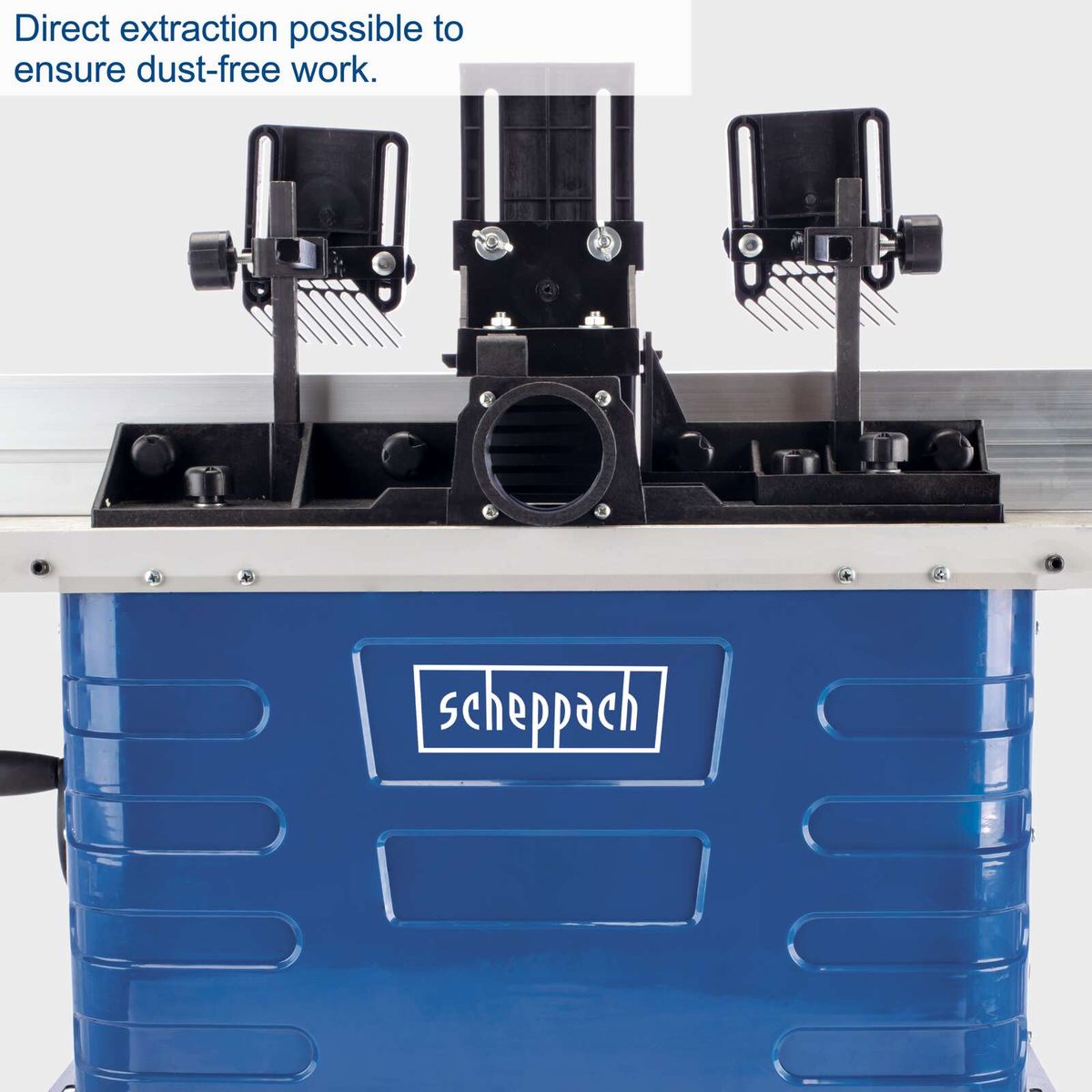 The Scheppach HF50 router table features direct extraction for dust-free operation. It has a 40 mm spindle height and collets in sizes 6, 8, and 12 mm. Additionally, it includes a table extension.
