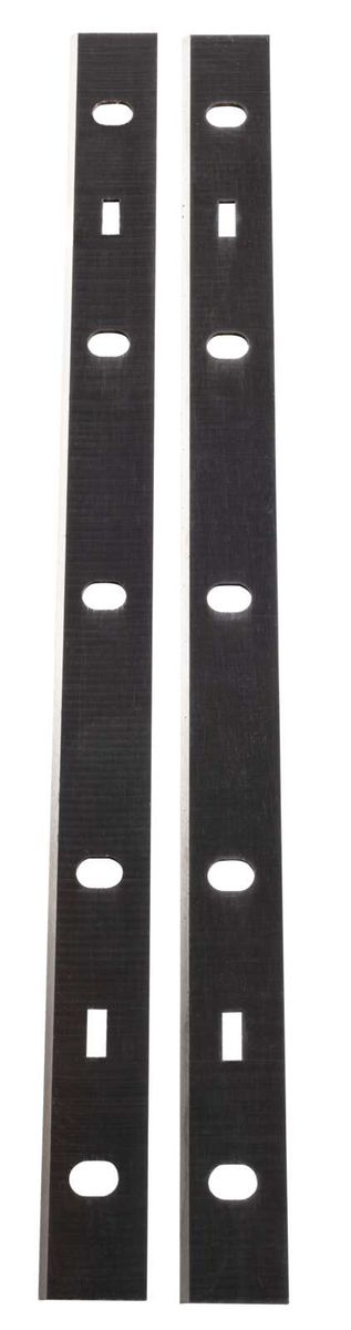 Hobelmesser 308 x 22 x 1,8 mm, zwei schwarze Messer mit ovalen und rechteckigen Löchern, von vorne fotografiert.