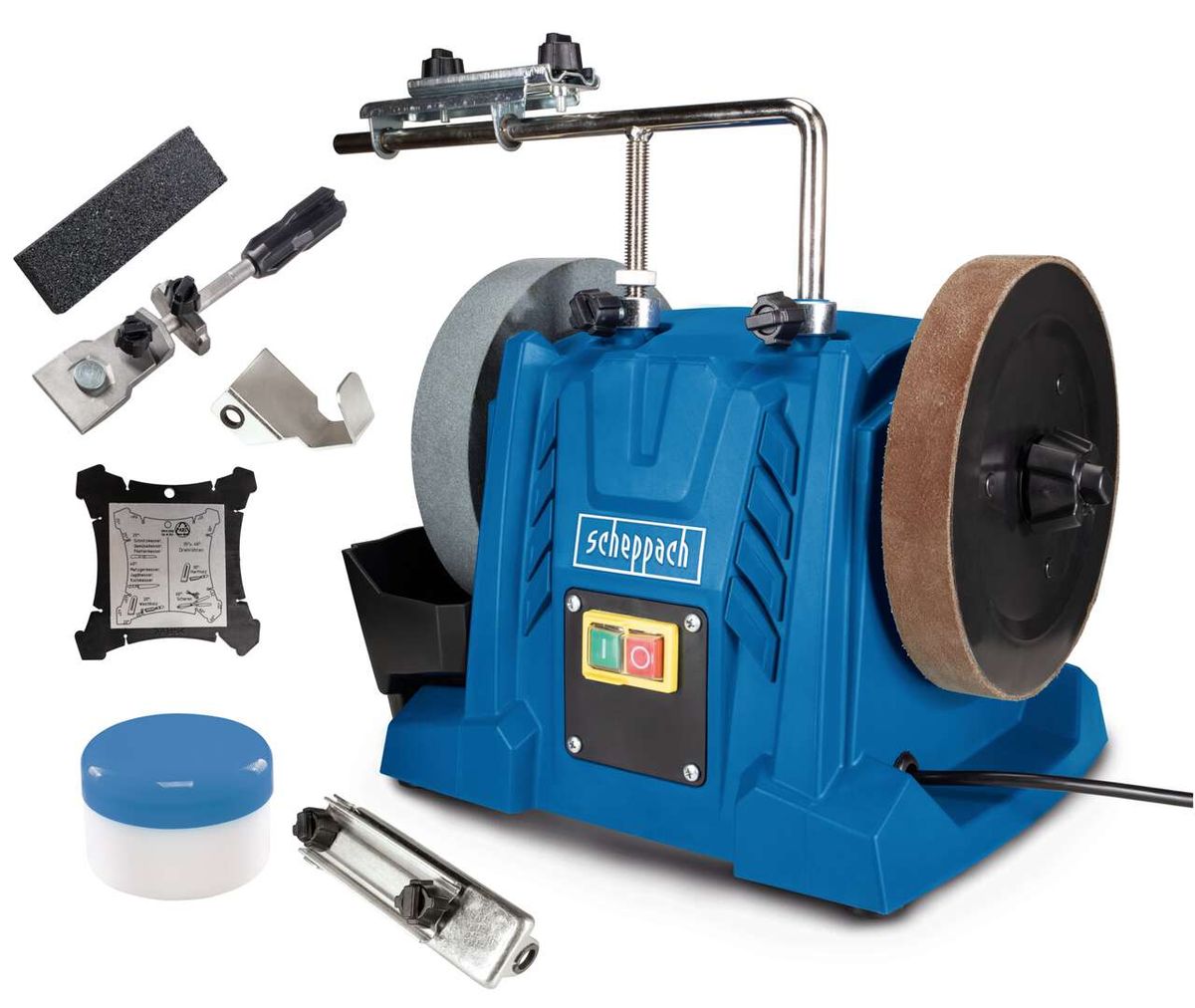 Scheppach-Wasserschleifmaschine mit Schleifscheiben, Halterungen und Zubehör für Nassschleifsystem
