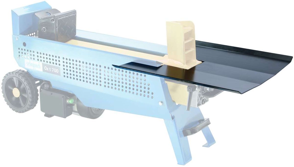 Scheppach Holzspalter mit Tischverlängerung liegend, seitliche Ansicht.