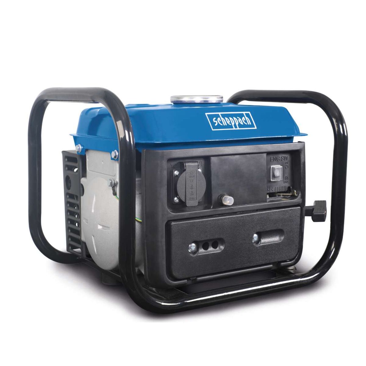 Benzin Stromerzeuger SG1000 Scheppach mit 700W Leistung, 1,6PS, 1x 230V Steckdose, Seilzugstart und Generatorfunktion. Gezeigt von der Seite.