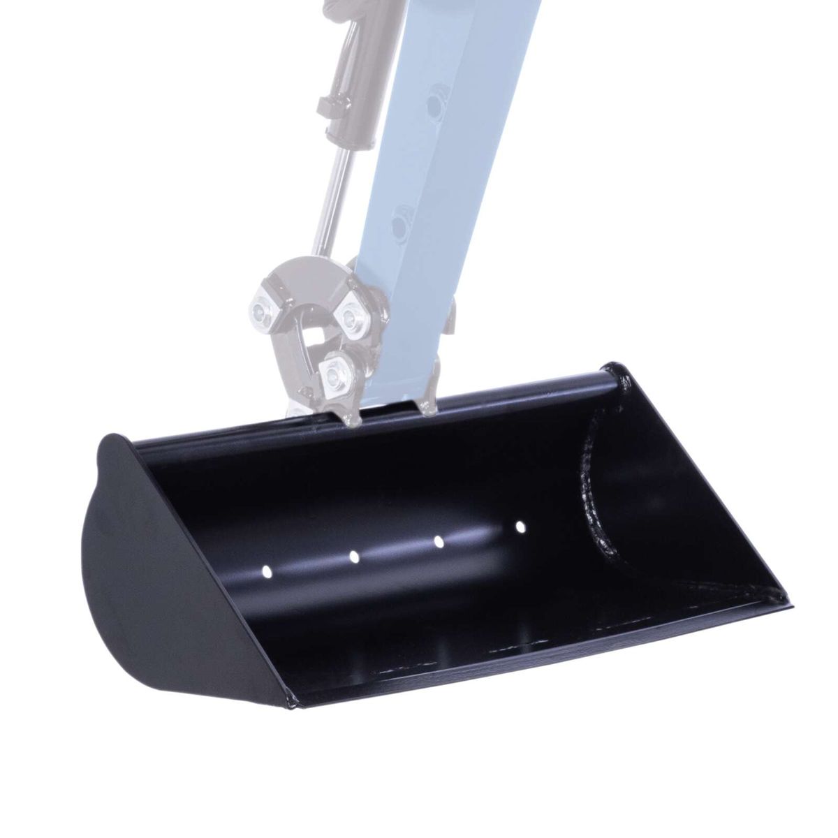 Scheppach-Böschungslöffel mit 700 mm Breite und 62 Liter Fassungsvermögen, Detailansicht des Griffs und Scharniermechanismus