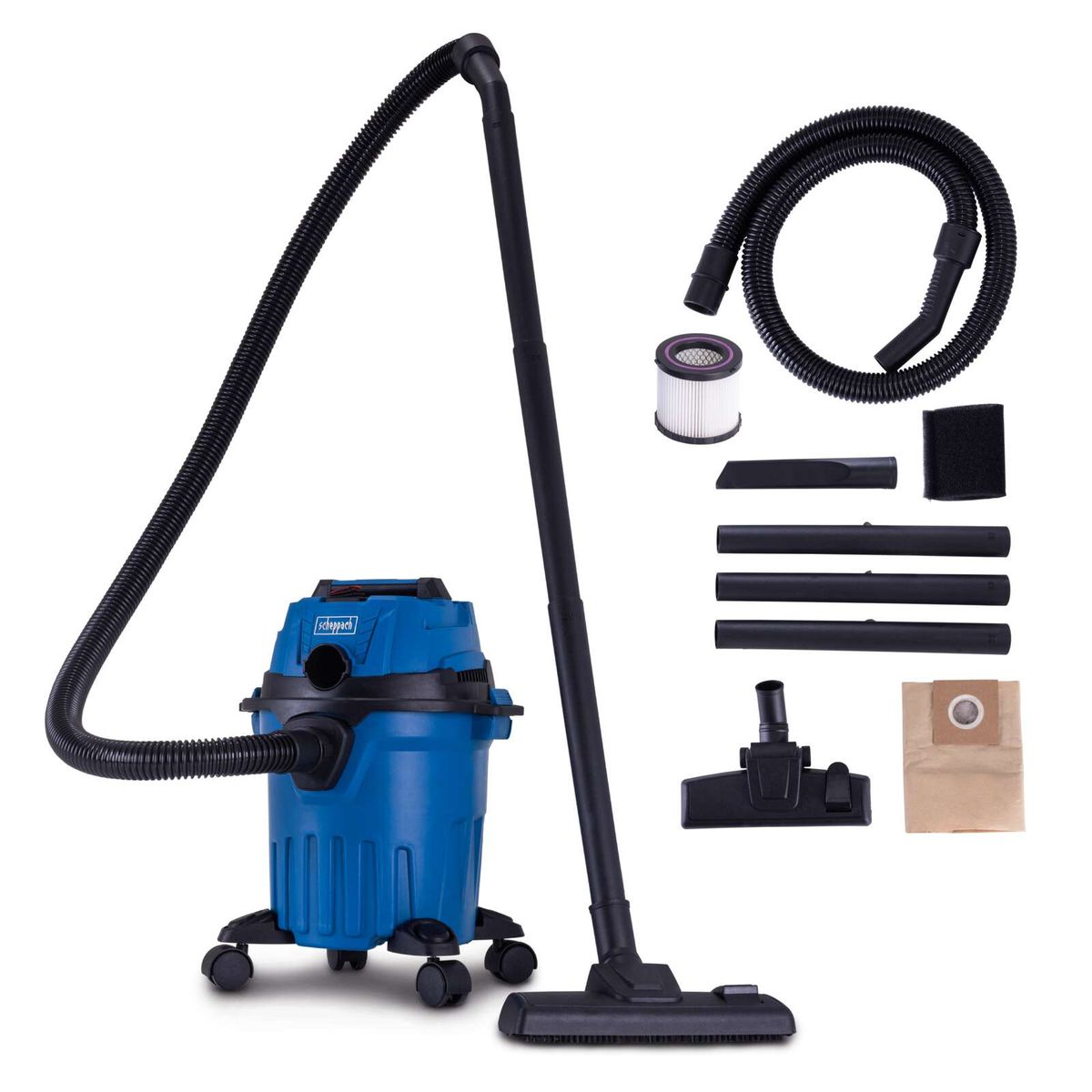 Scheppach Akku-Nass-/Trockensauger mit Lieferumfang: Flexible Schläuche, Filter, Beutel und verschiedene Düsen für Reinigung und Pflege.