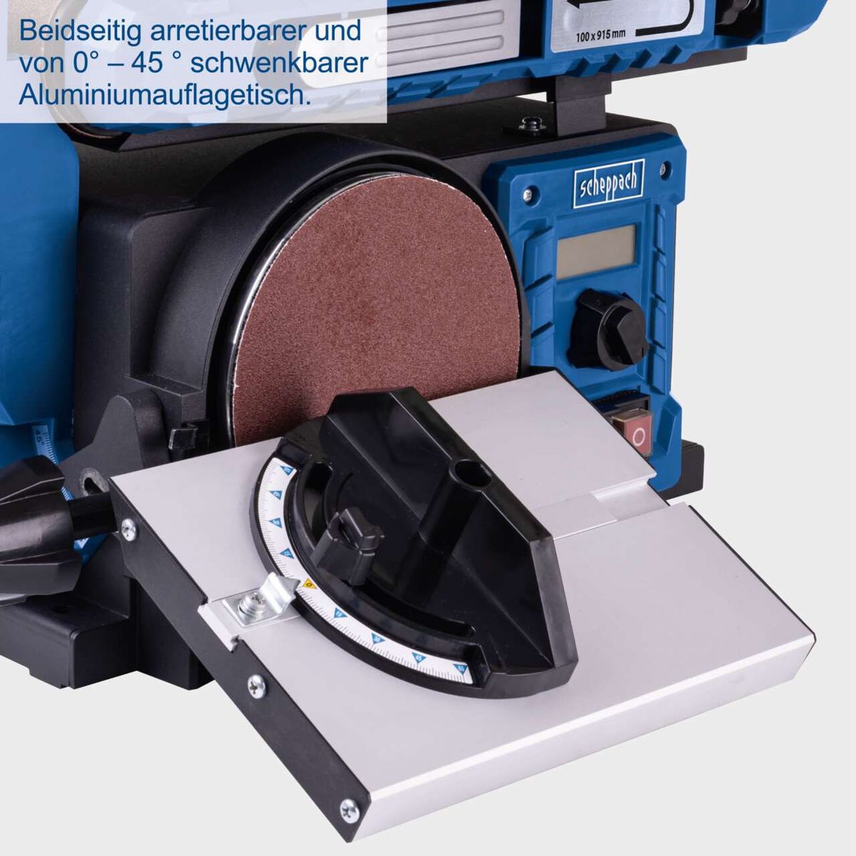 Bandschleifer mit einstellbarem Aluminiumauflagenbett für Winkel von 0° bis 45°