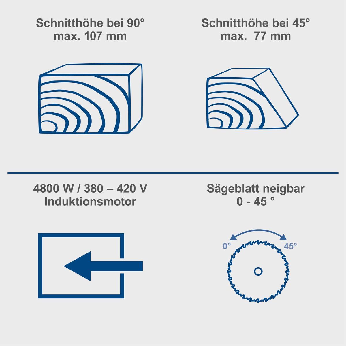 Tischkreissäge Precisa 6.0 mit Induktionsmotor, 4800 W, 380-420 V, Sägeblatt neigbar 0-45°, maximale Schnittiefe 107 mm bei 90° und 77 mm bei 45°.