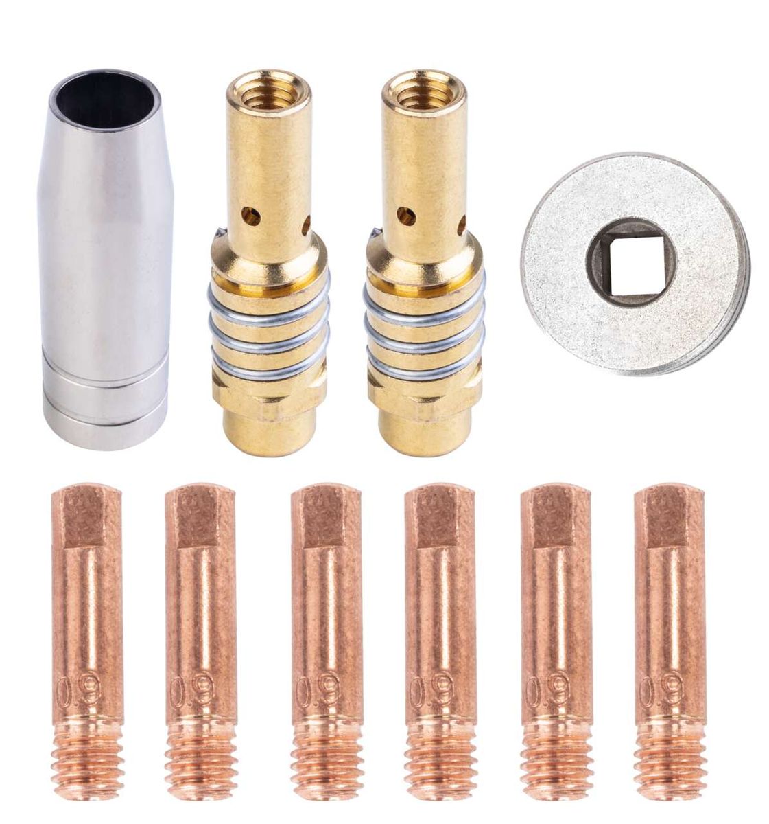 Zubehör-Set für Scheppach (DIY) WSE4000Multi. Gezeigt von vorne. Enthält verschiedene Düsen und eine Mutter.