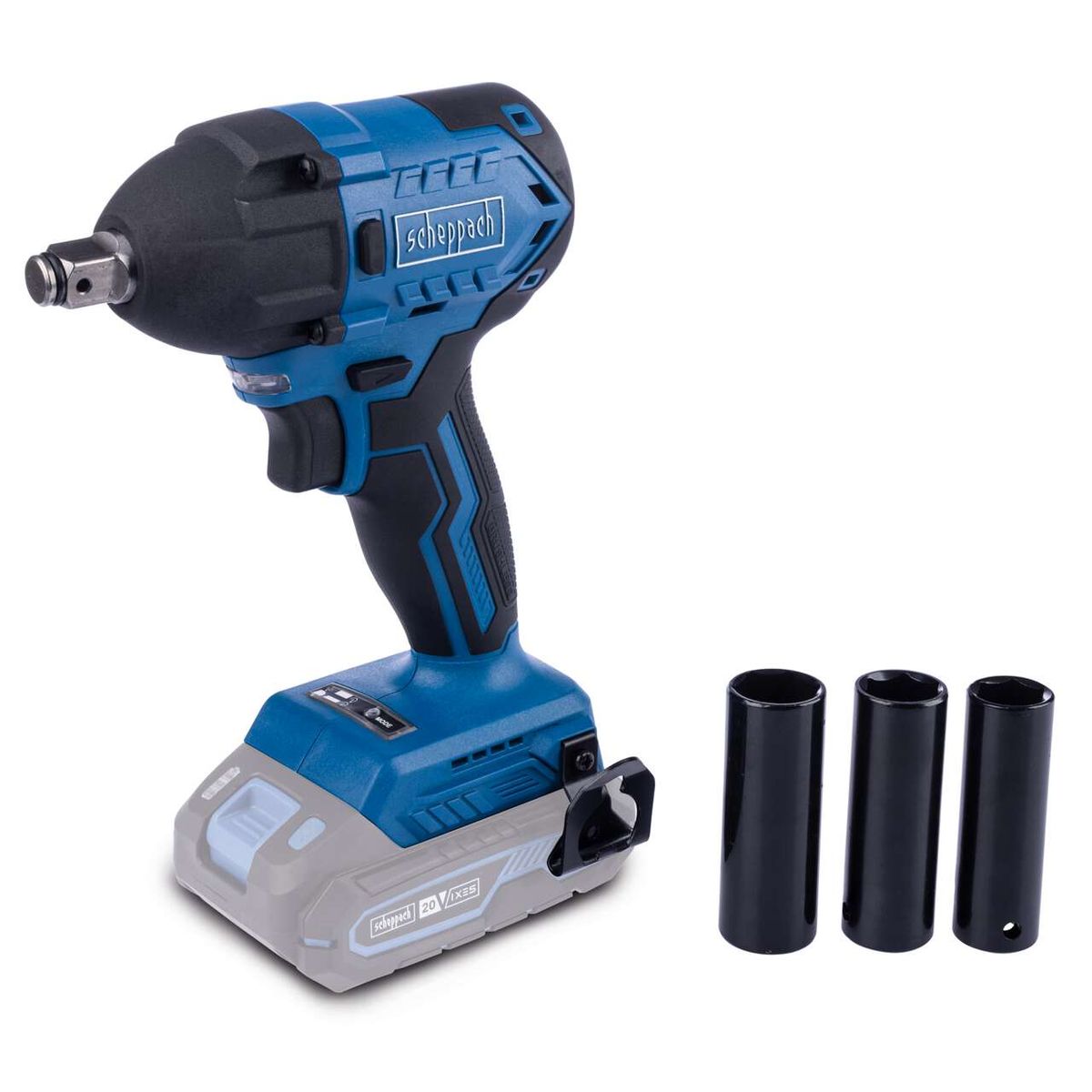 Der Akku-Schlagschrauber BC-IW350-X von Scheppach mit drehfestem Aufsteckwerkzeug, 20 V Li-Ion Akku und drei verschiedenen Aufsteckwerkzeugen für verschiedene Anwendungen.