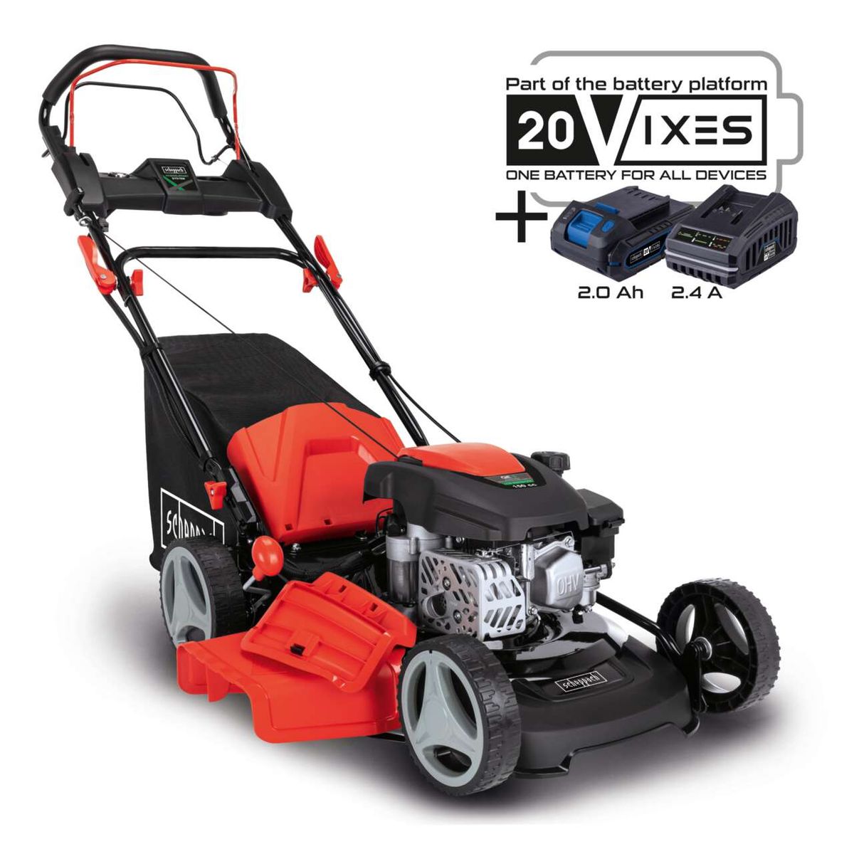 Der Rasenmäher MS150-46E von Scheppach ist Teil des 20VIXES Akkusystems. Ein Akku für alle Geräte. Enthalten sind ein 2.0 Ah und ein 2.4 A Akku.