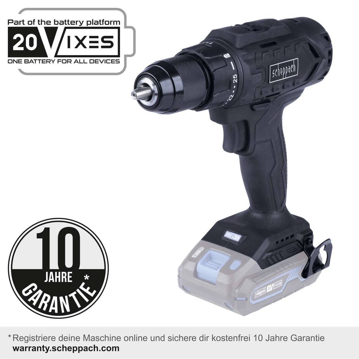 Scheppach Akku-Bohrschrauber mit 20V-Basis, 10 Jahre Garantie, 20V-Vixes-Plattform, LED-Licht, 45 Nm Drehmoment