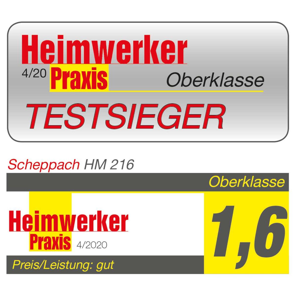 Die Kappzugsäge HM216 von Scheppach wurde von Heimwerker Praxis im April 2020 zum Testieger gekürt. Sie erhielt die Bewertung "Oberklasse" und die Note 1,6 für Preis/Leistung.