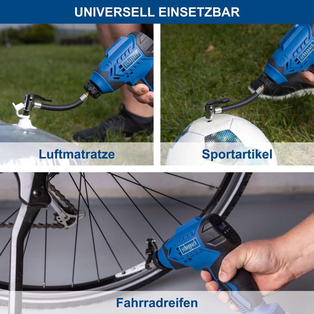 Scheppach Akku-Handkompressor mit Set für Luftmatratzen, Fahrradreifen und Sportartikel – universeller Kompressor für DIY-Projekte