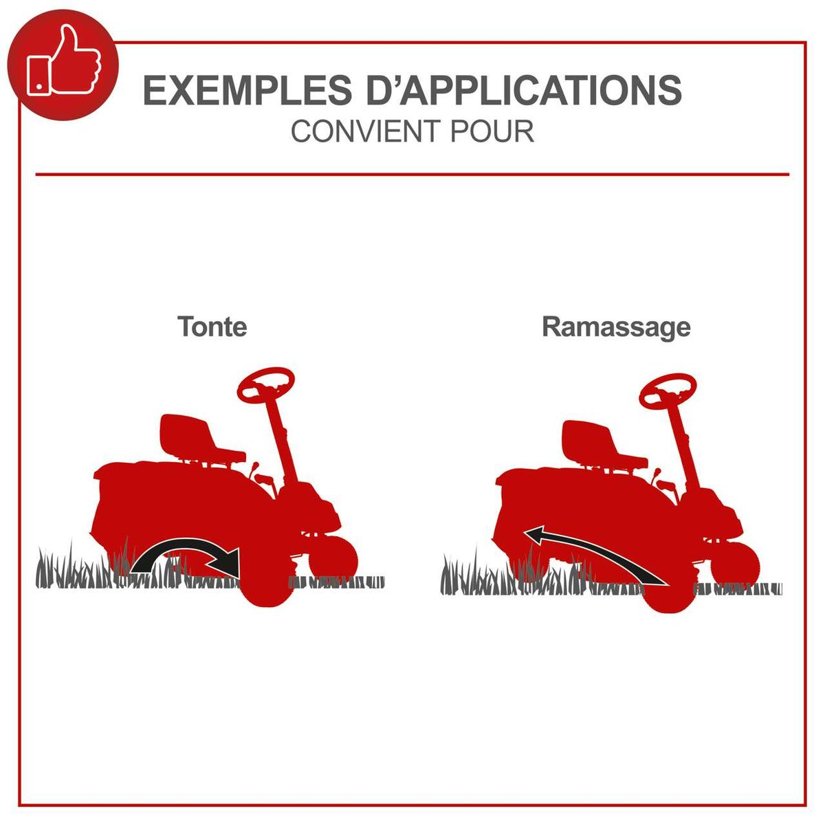 The image shows examples of applications for which the product is suitable. These include mowing and collecting grass. The illustrations depict a machine performing both functions.