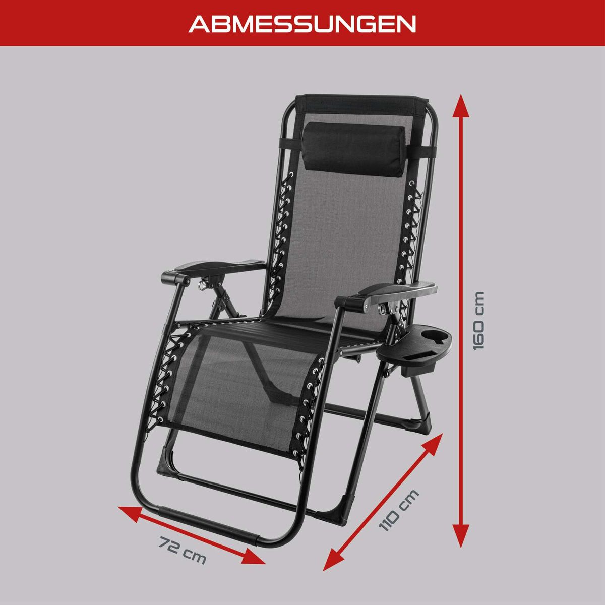 Klappbare Gartenliege mit Messmarkierungen für Gesamtlänge (180 cm), Polsterlänge (160 cm) und Sitzbreite (72 cm)