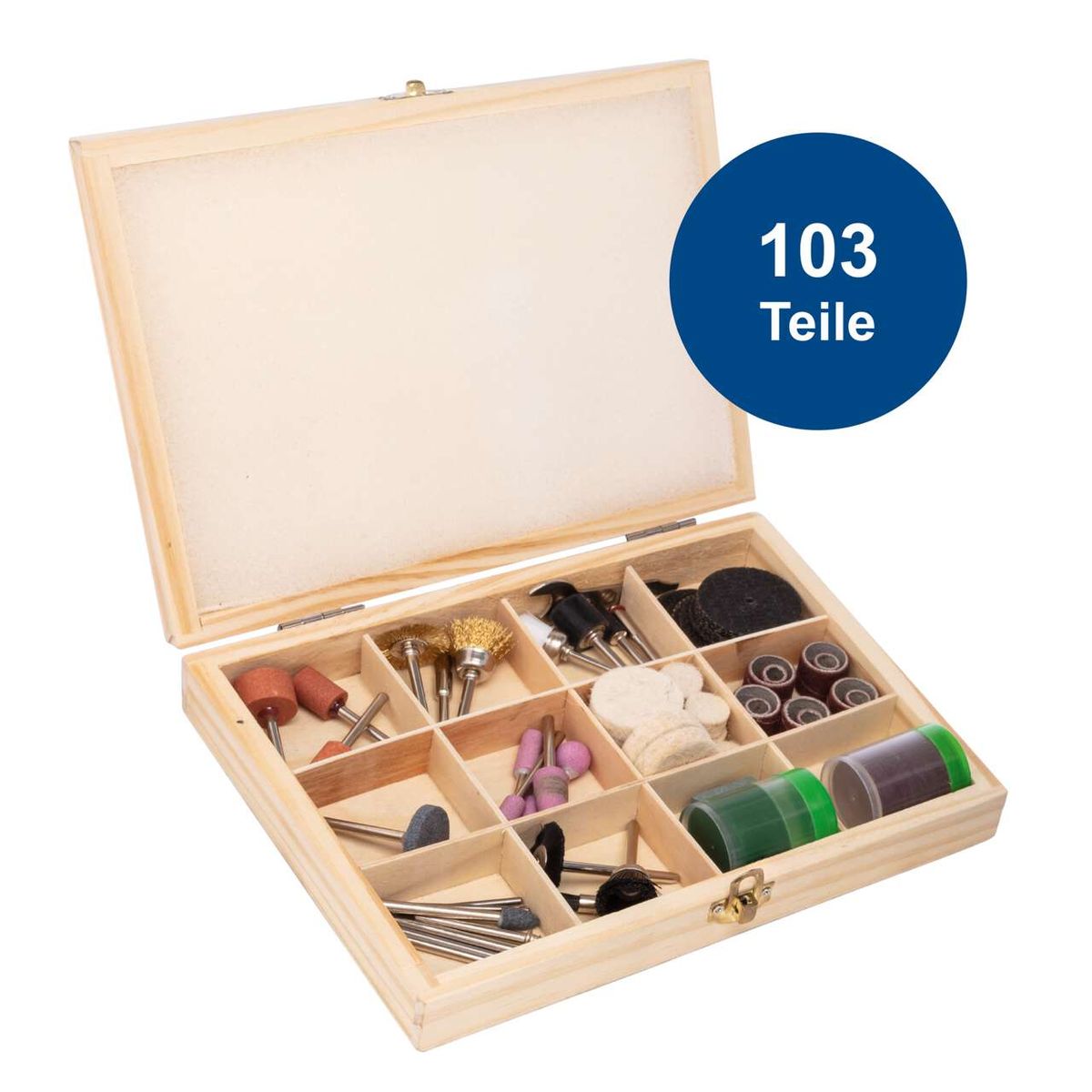 Das 103-teilige Zubehörset für den Doppelschleifer HG35 von Scheppach enthält Schleifscheiben, Bürsten und Polierpads für vielfältige Anwendungen.