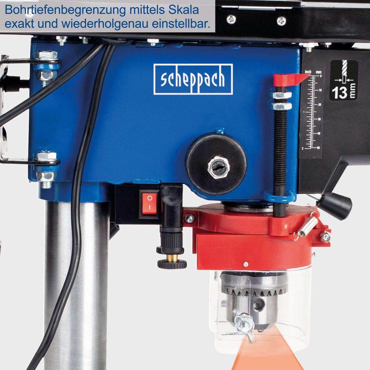 Scheppach Tischbohrmaschine mit präziser Bohrtiefenbegrenzung über Skala, exakt einstellbar und wiederholgenau.