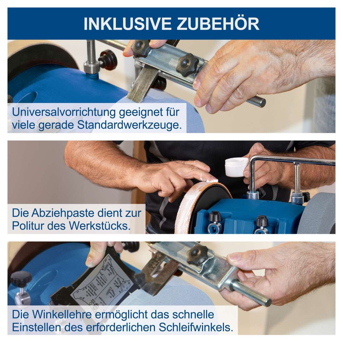 Werkzeugset mit inklusive Zubehör für verschiedene Standardwerkzeuge, inkl. Abziehpaste für Politur und Winkellehre für präzises Schleifen