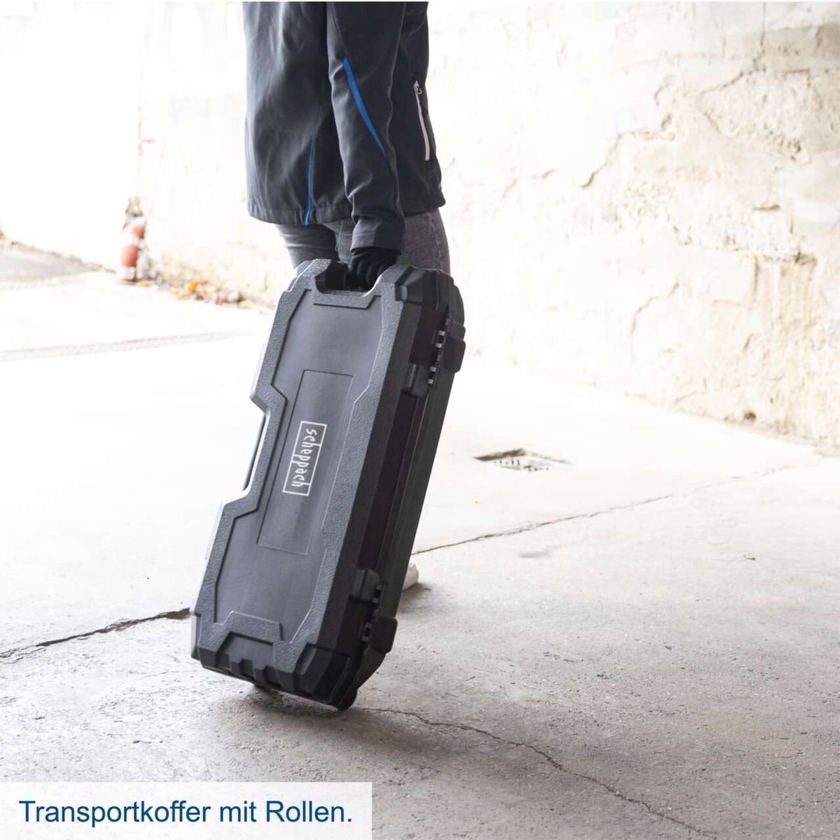 Der Abbruchhammer AB2000 Scheppach hat einen Transportkoffer mit Rollen für einfachen Transport.