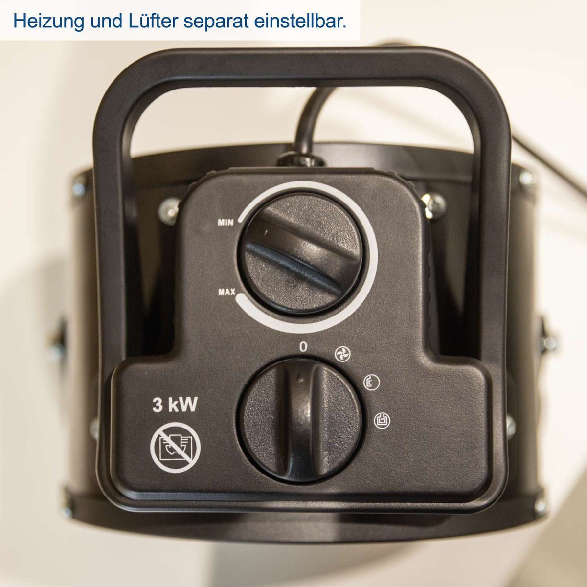 Elektroheizlüfter mit separater Heiz- und Lüftregelung, 3 kW, stufenlose Temperatureinstellung (5–85 °C), Lüftungsvolumen 320 m³/h