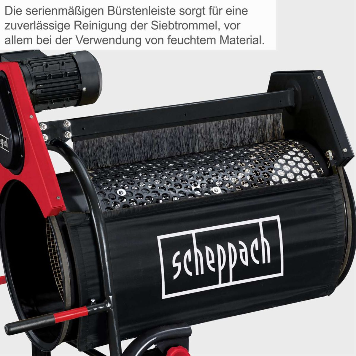 Die serienmäßigen Bürstenleiste sorgt für eine zuverlässige Reinigung der Siebtrommel, vor allem bei der Verwendung von feuchtem Material. Das Produkt ist ein Rollsieb RS350 von Scheppach.