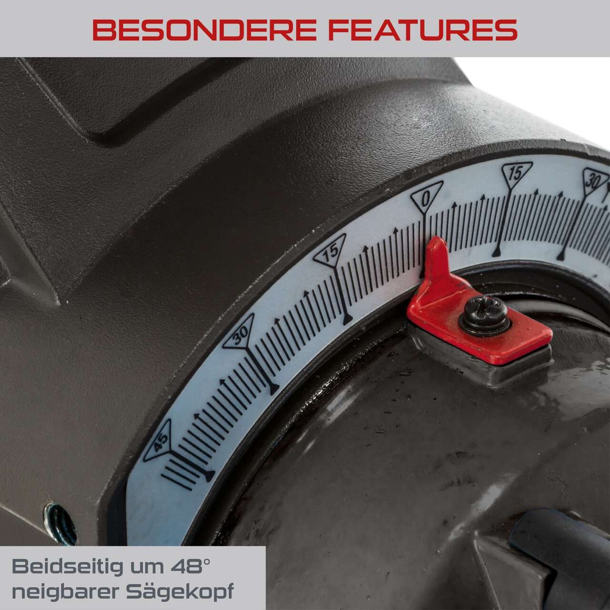 Besondere Features der Kapp-Zugsäge PX-KZS-305PA Practixx: Beidseitig um 48° neigbarer Sägekopf. Die Säge verfügt über einen Laser, Softstart und Posaunenauszug.