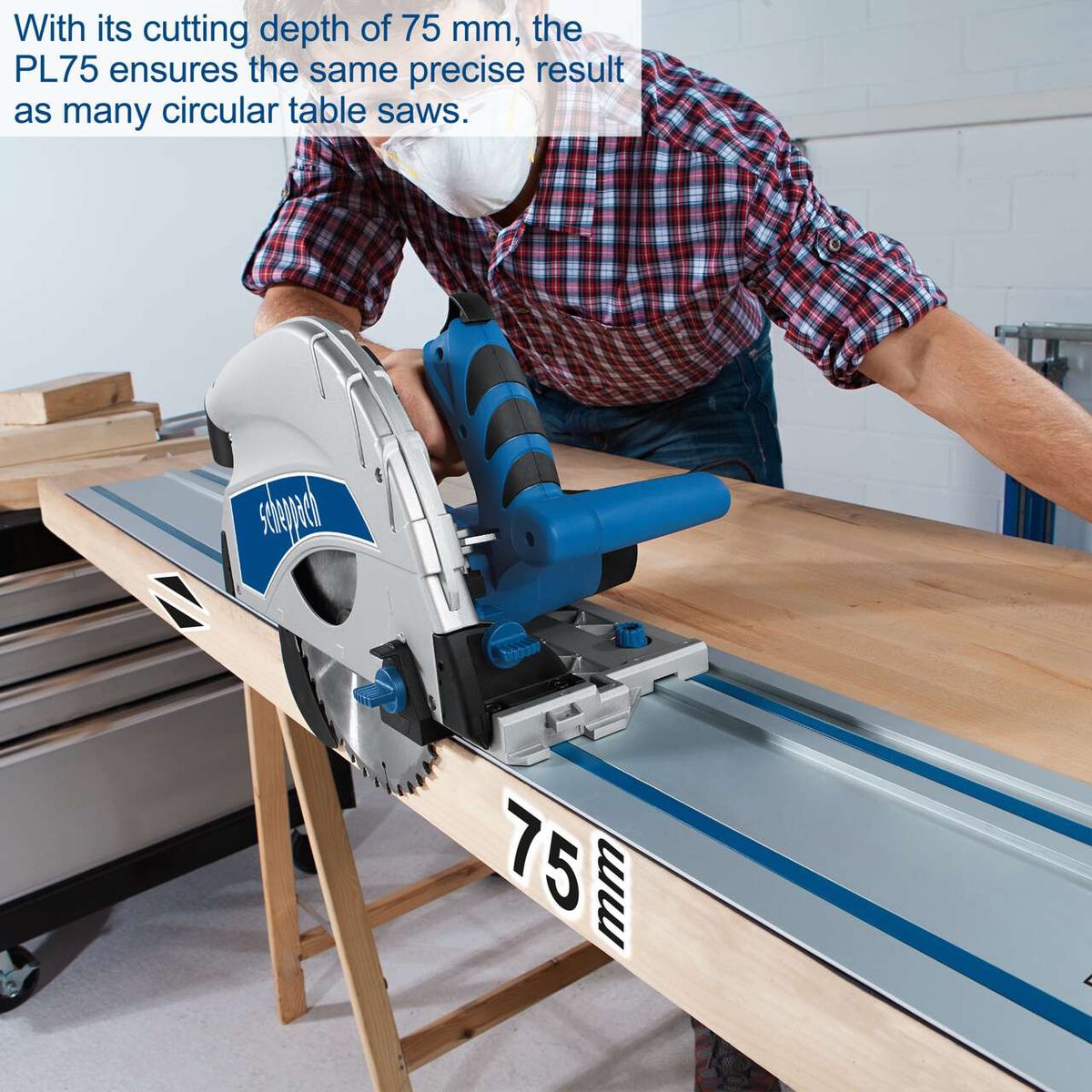 The PL75 plunge saw by Scheppach has a cutting depth of 75 mm and ensures precise results like many circular table saws.