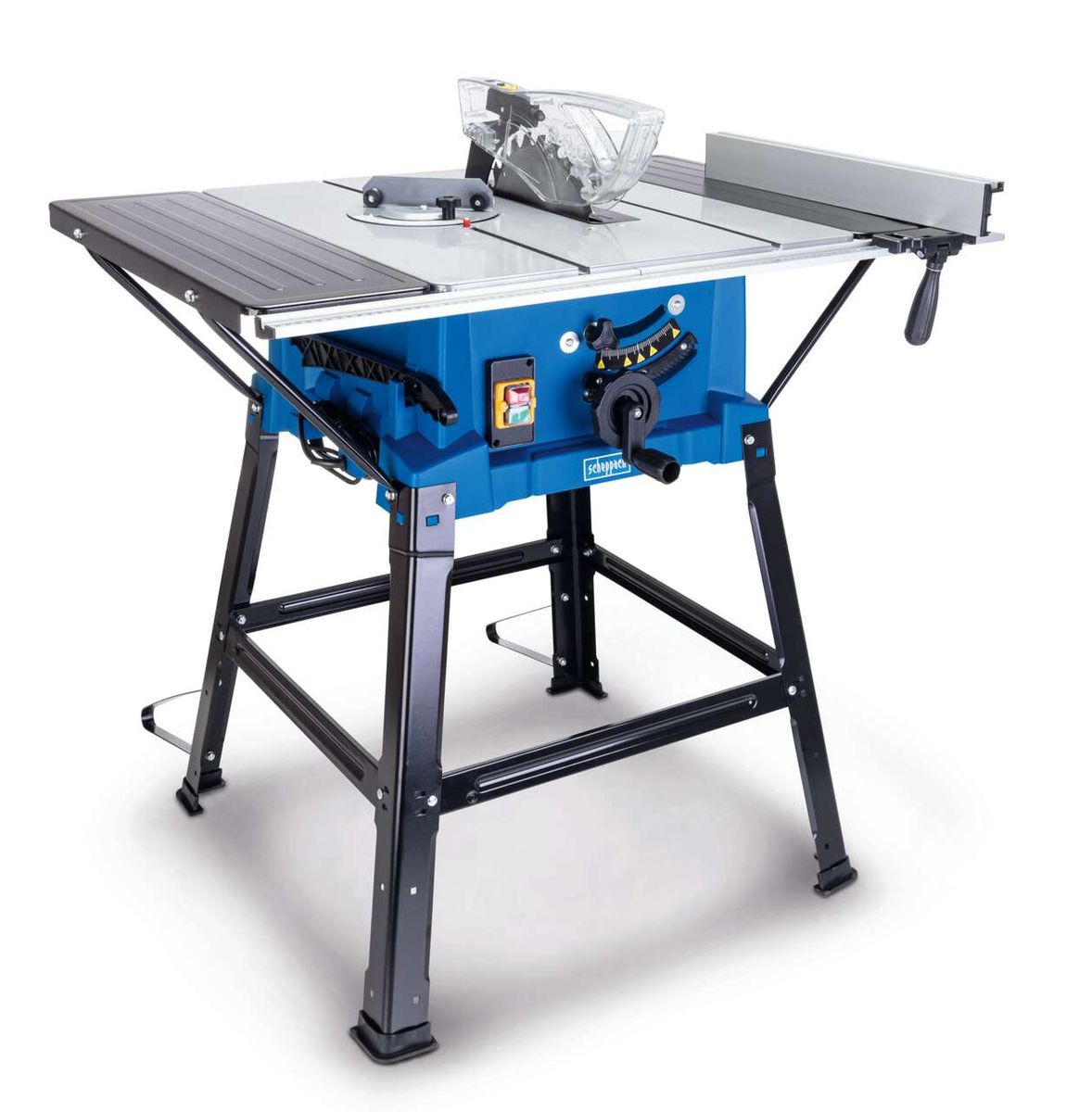 Tischkreissäge HS110 von Scheppach, seitliche Ansicht mit Untergestell und Verbreiterungen.