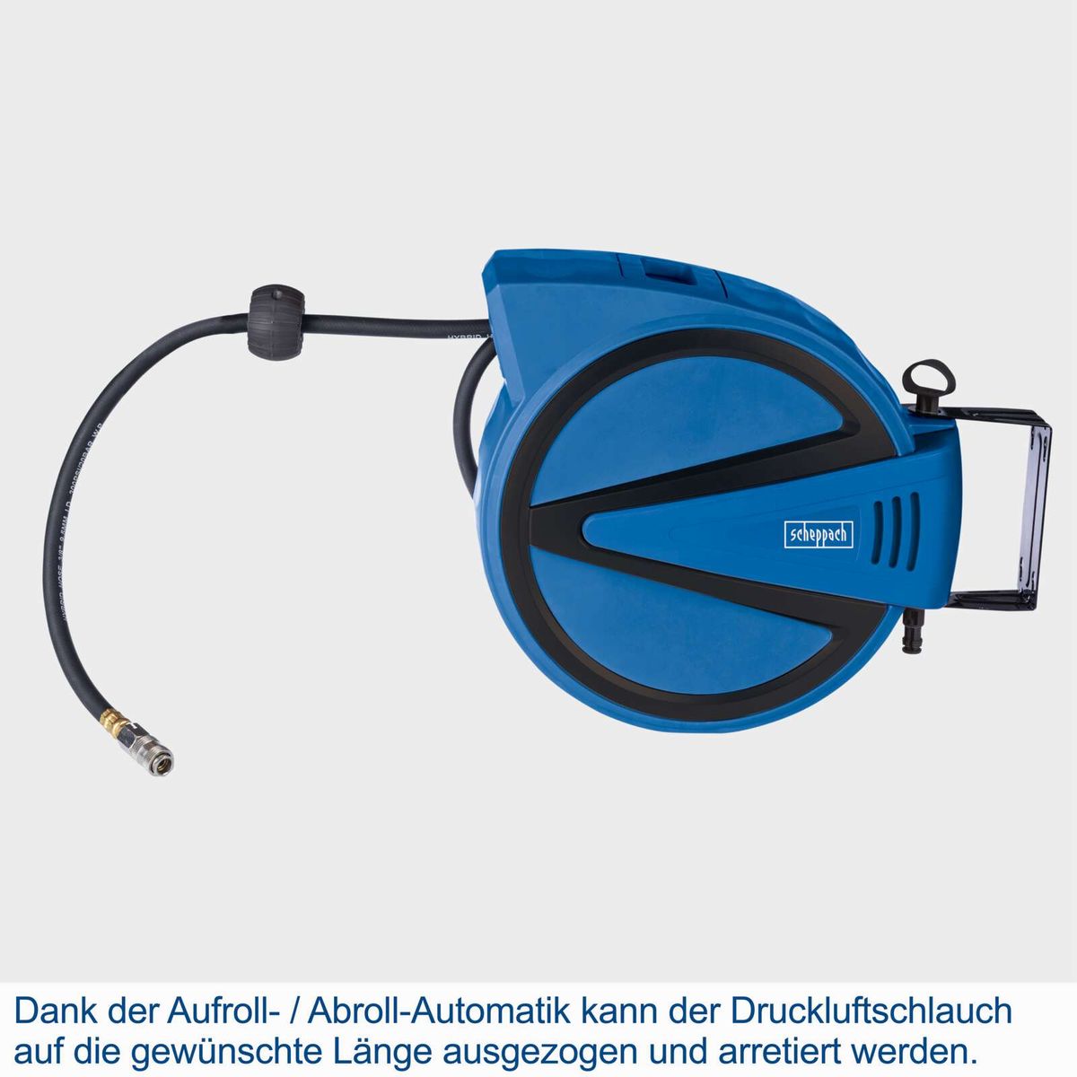Automatik Druckluft Schlauchtrommel mit Aufroll-/Abroll-Automatik. Der Schlauch kann auf die gewünschte Länge ausgezogen und arretiert werden.