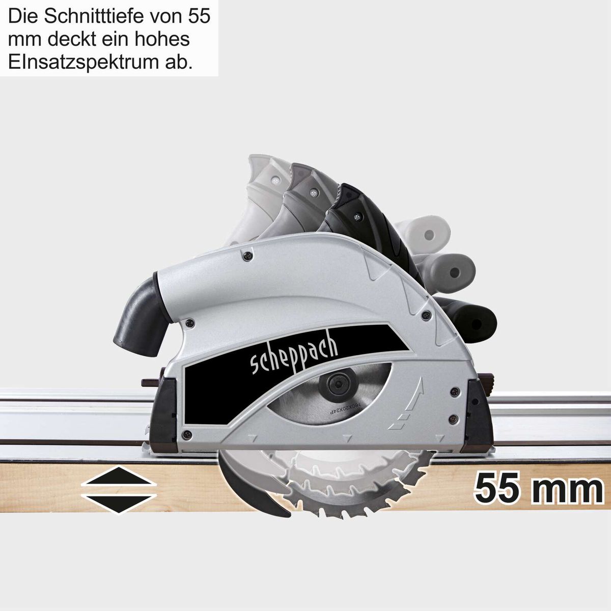 Scheppach-Tauchschleifmaschine mit 55 mm Schnittiefe, Führungsschiene und Motorleistung