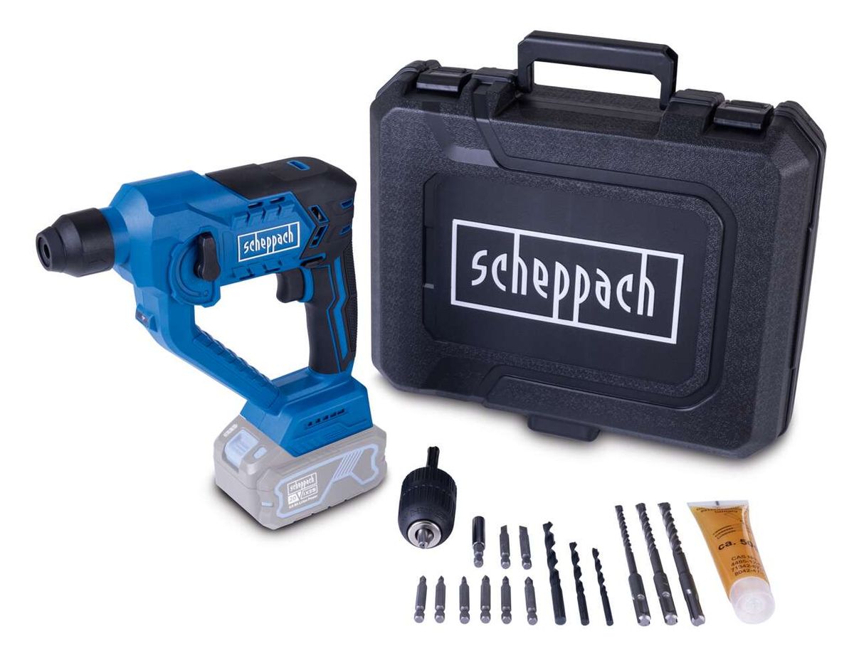 Cordless hammer drill C-RHD130-X Scheppach with accessories. Shown from the side.