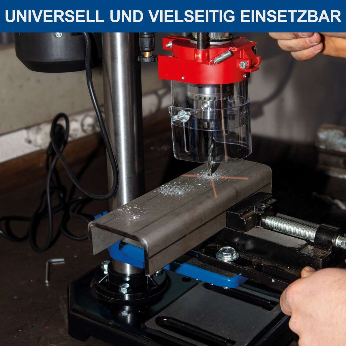 Tischbohrmaschine DP16VLS mit universellem und vielseitigem Einsatz. Inklusive Laser und Schraubstock für präzises Bohren.