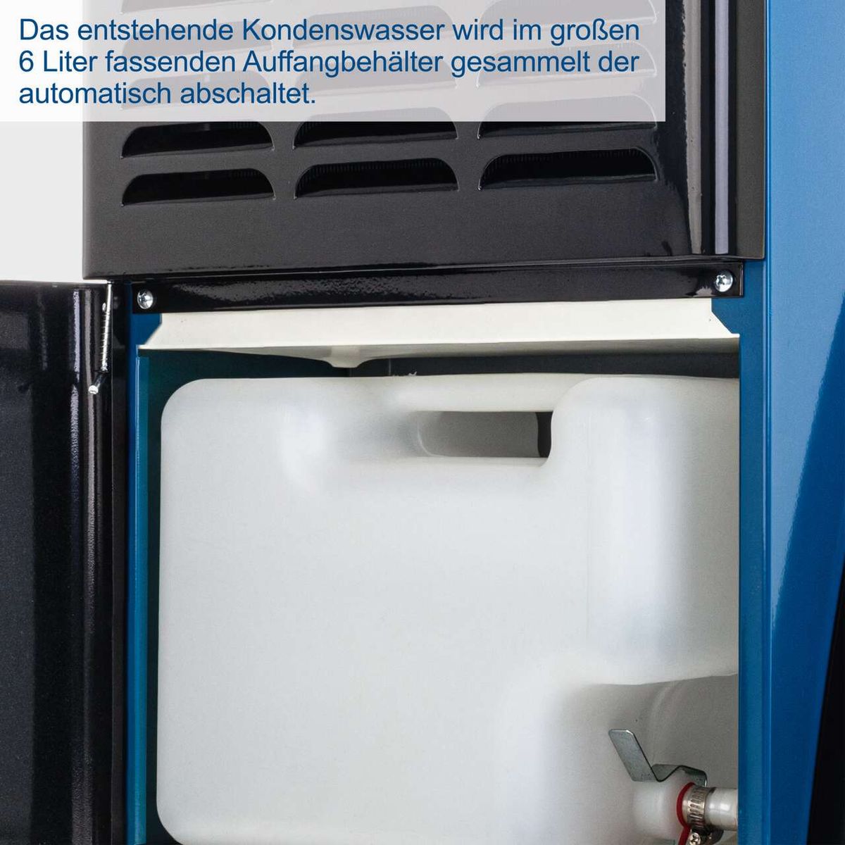 Das Kondenswasser wird in einem 6 Liter fassenden Auffangbehälter gesammelt und schaltet den Bautrockner automatisch ab.