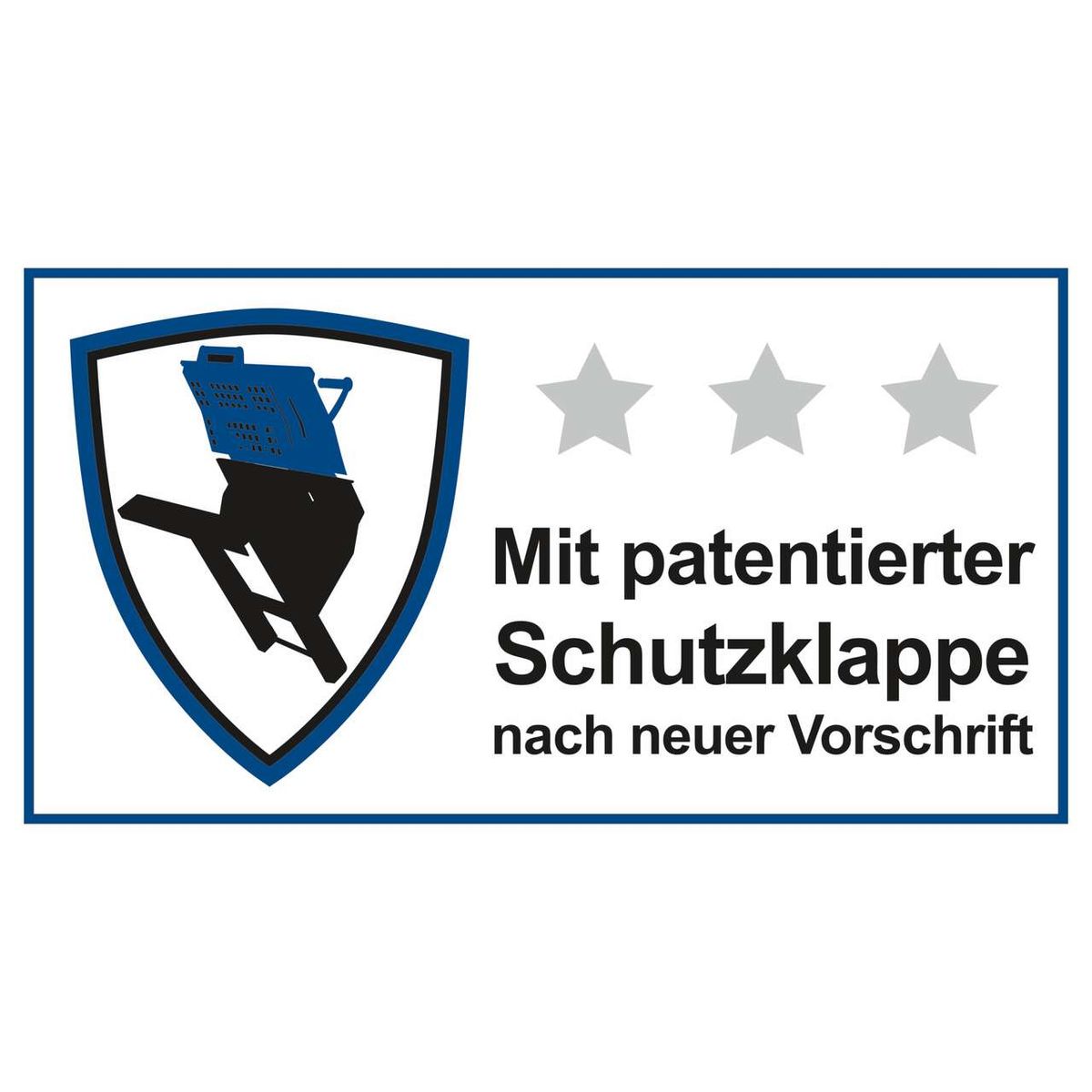 Patentierte Schutzklappe für Wippkreissäge nach neuer Vorschrift mit Sicherheitssternen