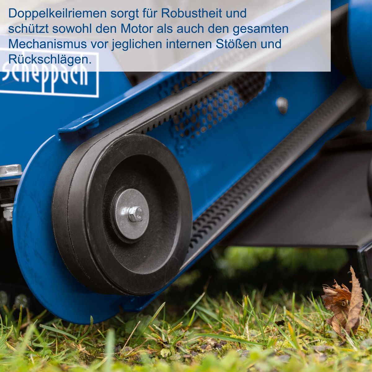 Doppeltes Keilriemen-System für robuste Antriebssicherheit in Scheppach-Baumstumpffräse