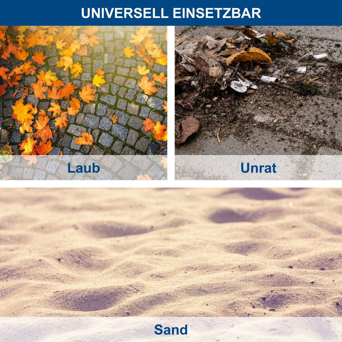 Illustration zur Unterscheidung von Laub und Unrat auf verschiedenen Böden