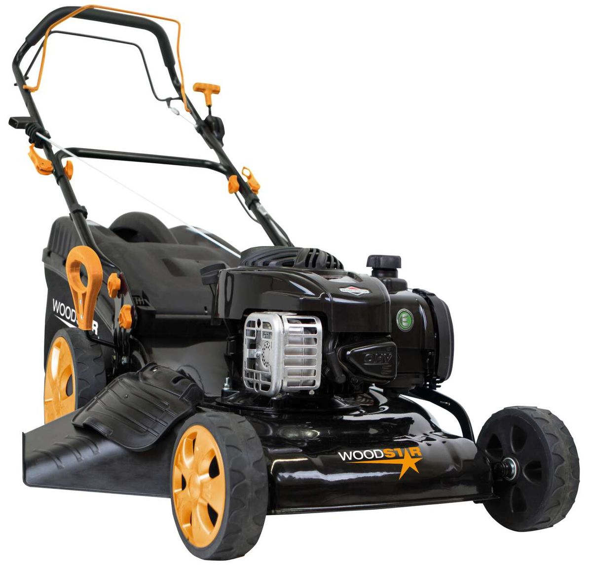 Rasenmäher TT460BS Woodster black - 460mm, seitliche Ansicht, schwarzes Gehäuse mit orangefarbenen Akzenten, großer Grasfangkorb.