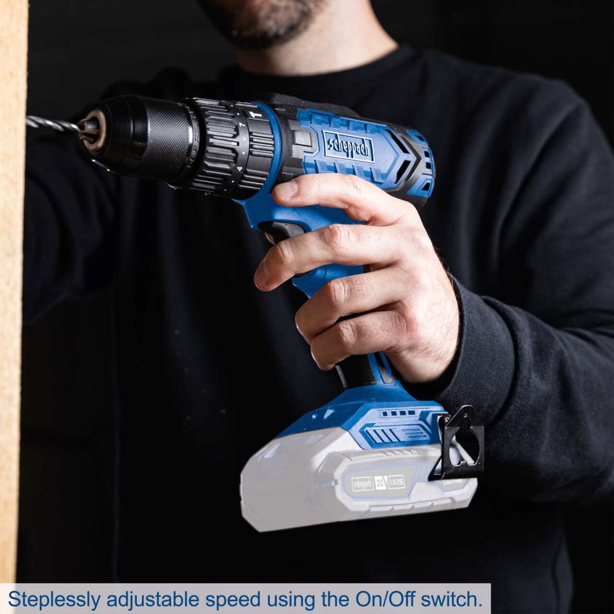 The Scheppach cordless impact drill C-CD45-X features steplessly adjustable speed using the On/Off switch and has a torque of 45 Nm with 19+1 torque settings.